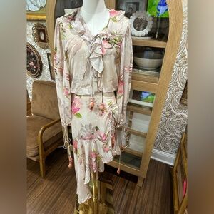 Rococo Sand 100% silk Floral Pink and Cream Dress size Large $686 BNWT